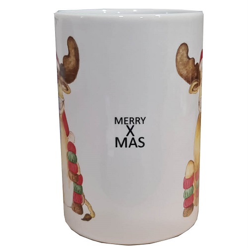 Mok met unieke bedrukking Rudolph zittend (afm H10,5cm x 7 cm) hoog model met XMAS opdruk - Afbeelding 2