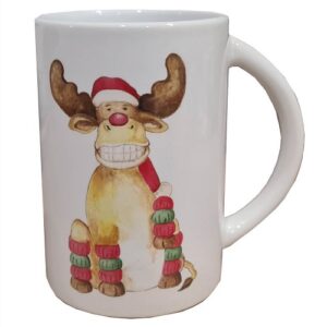 Mok met unieke bedrukking Rudolph zittend (afm H10,5cm x 7 cm) hoog model met XMAS opdruk