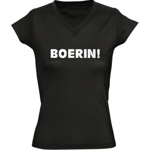 Dames T-shirt met bedrukking 'BOERIN!' V hals zwart