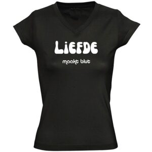 Dames T-shirt met bedrukking 'Liefde maakt blut' V hals zwart