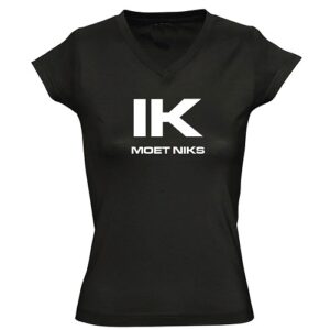 Dames T-shirt met bedrukking 'IK MOET NIKS' V hals zwart