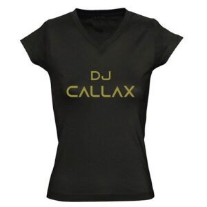 Dames T-shirt zwart V hals met gouden bedrukking DJ Callax