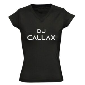 Dames T-shirt zwart V hals met witte bedrukking DJ Callax