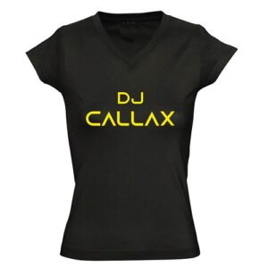 Dames T-shirt zwart V hals met gele bedrukking DJ Callax