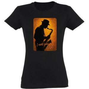 Dames T-shirt Zwart ronde hals met opdruk "I want your sax"